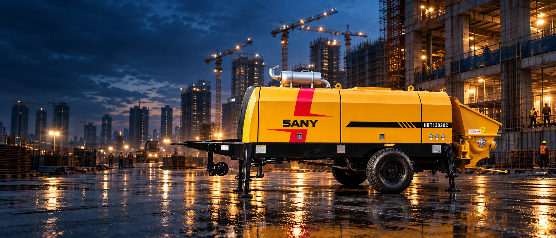SANY HBT12020C-5M stationary concrete pump at a high-rise construction project