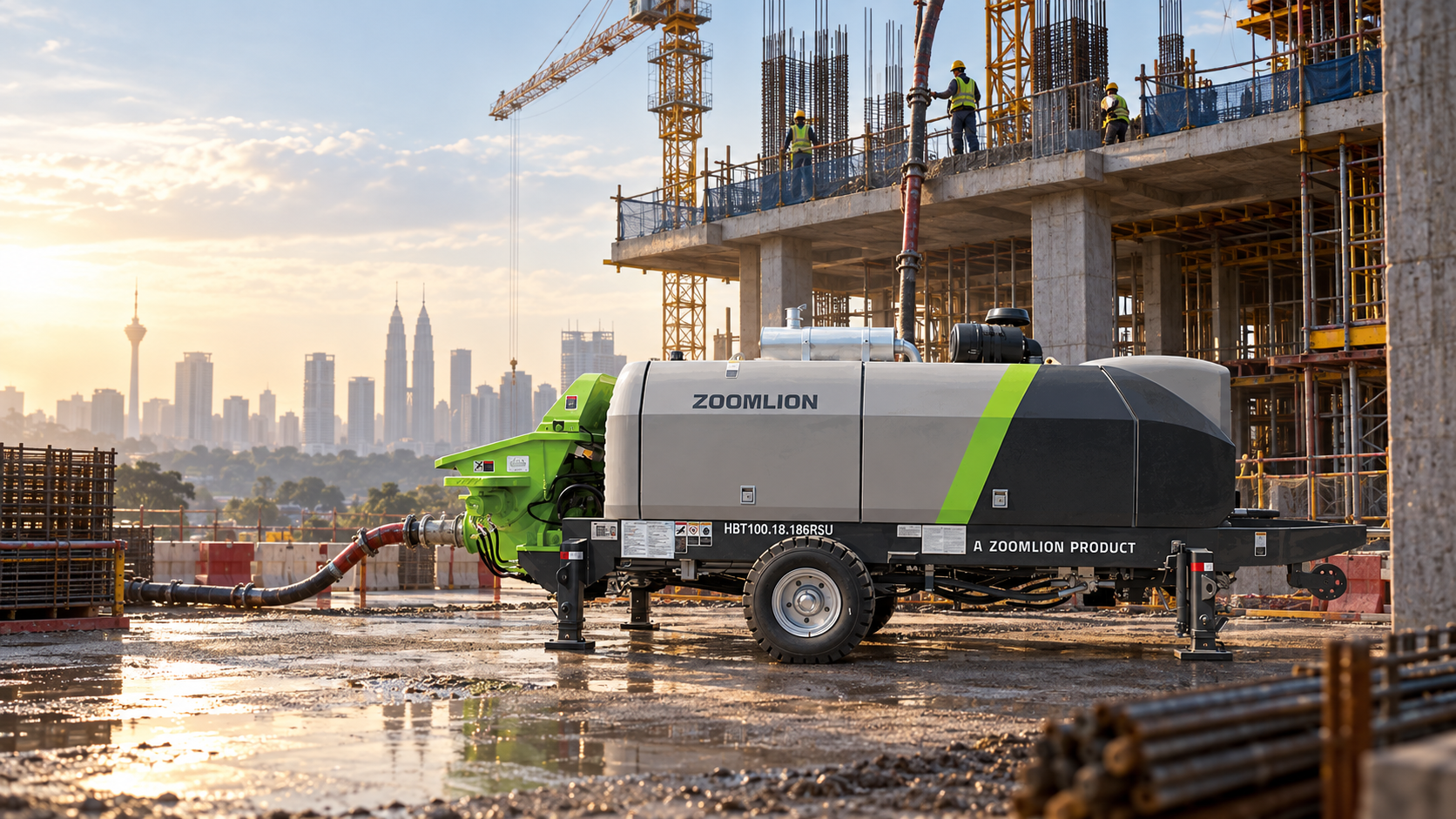ZOOMLION HBT100.18.186RSU stationary concrete pump at a high-rise construction site